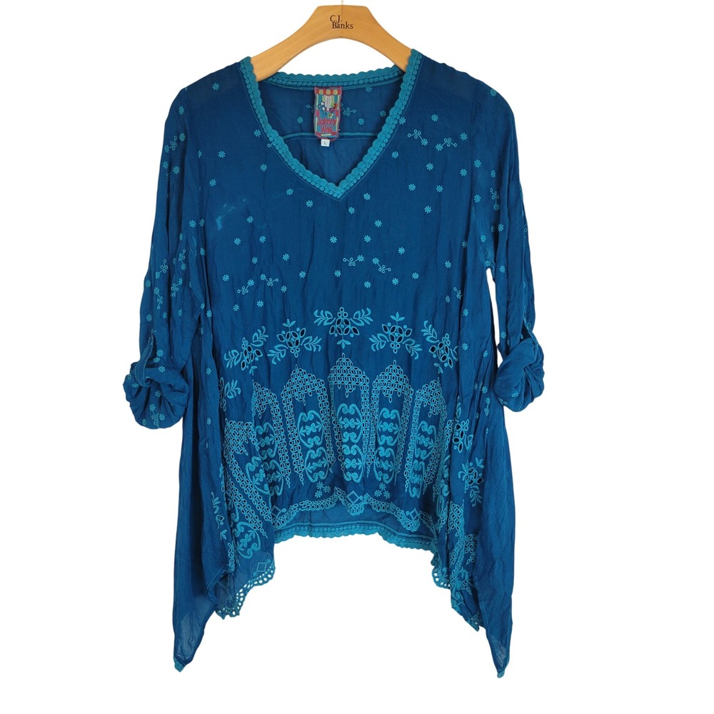 Johnny Was Embroidered Tunic Blouse Teal Size Large Blue Green Sharkbite Hem